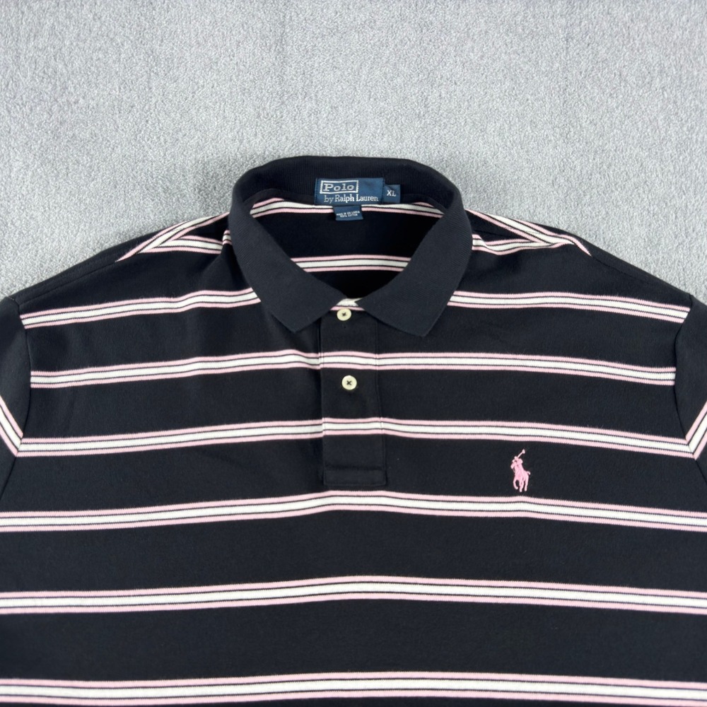 Polo By Ralph Lauren Polo Shirt Mens XL Black Pink Striped Short Sleeve Pony